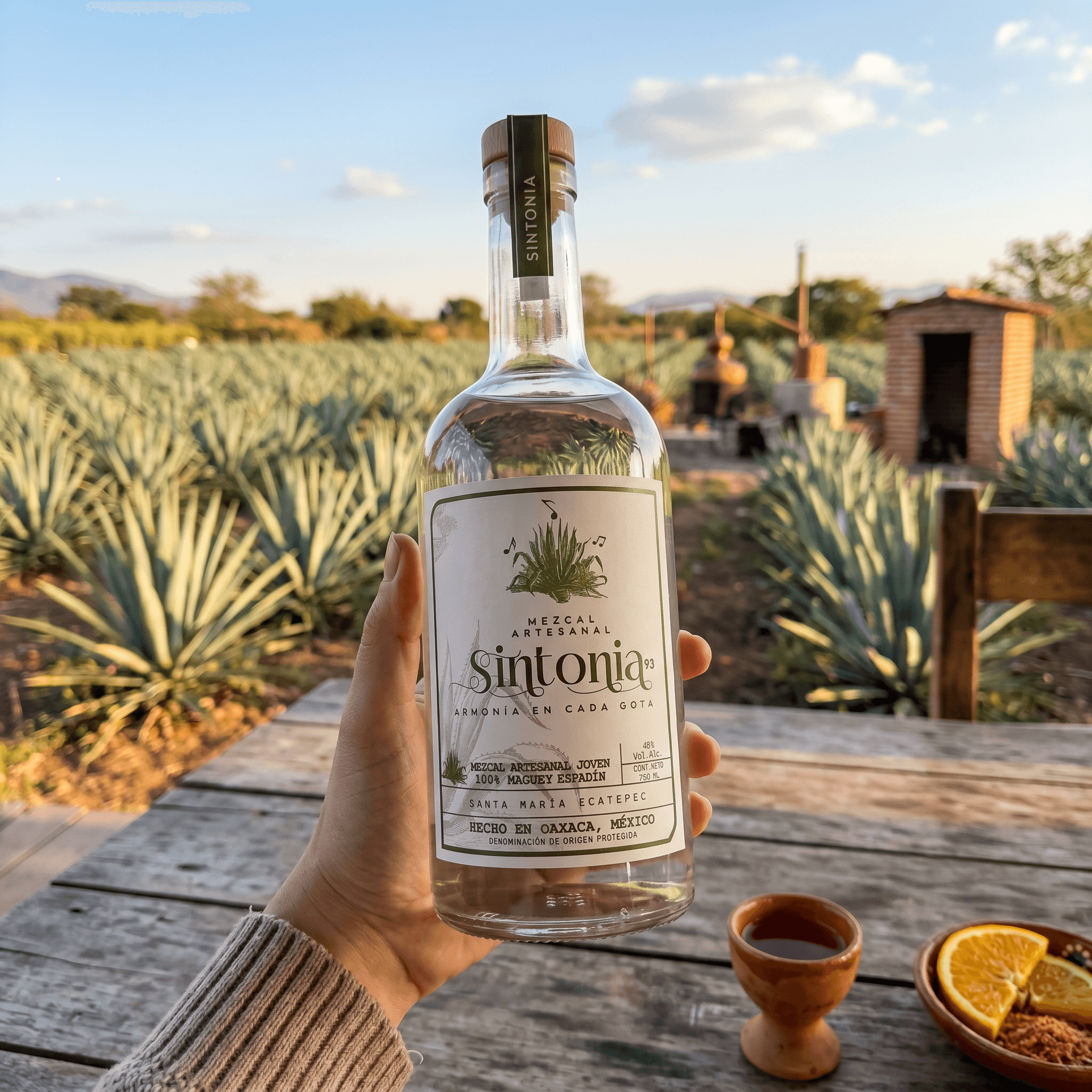 Botella sostenida a mano en un campo oaxaqueño