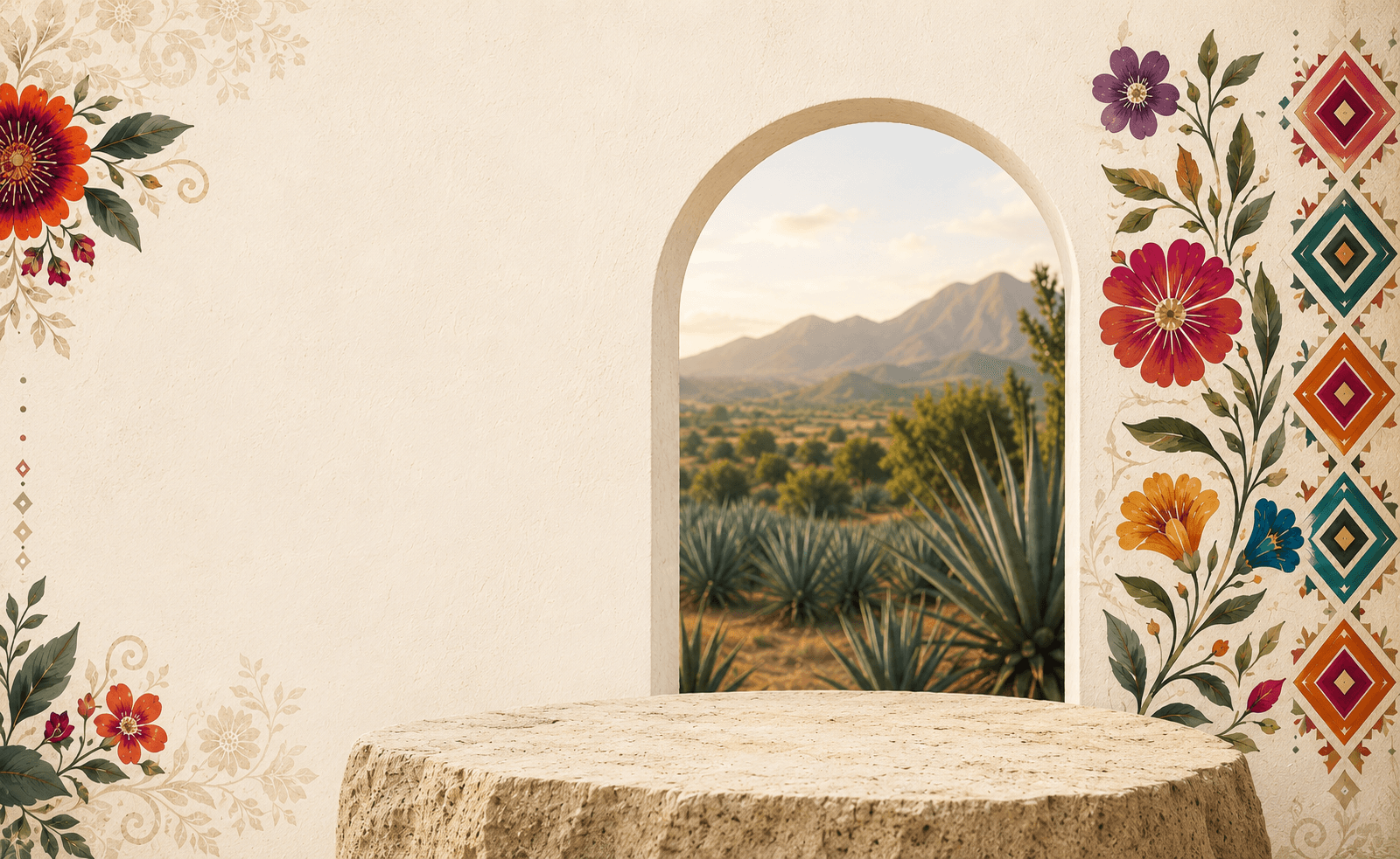 Arco oaxaqueño con paisaje de agave y montañas, enmarcado por flores tradicionales